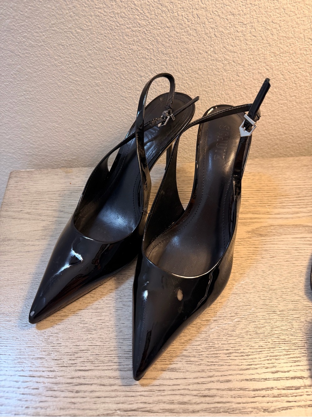 Schultz Black Patent Pointed-Toe Slingback Heels